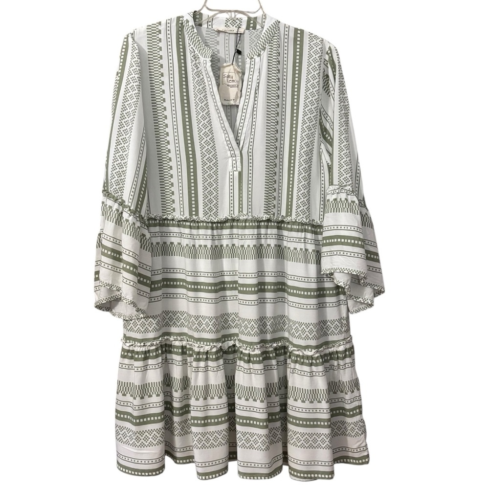 NWT Salty Lemon Boho Green and White flowy mini tiered Dress size L